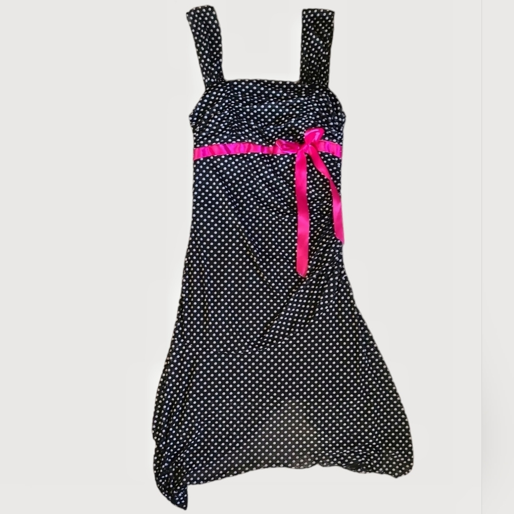 Xoxo Collection Black and White Polkadot Dress with Fuschia Ribbon Detail